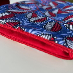 Pochette à livre avec zip - branches wax bleu et rouge - zip rouge - intérieur rouge