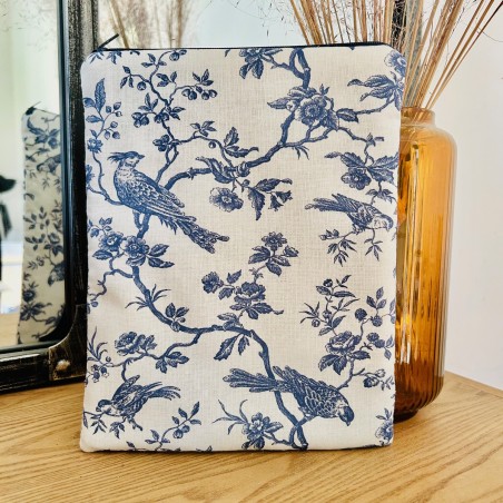 Pochette à livre avec zip - oiseaux bleus dans esprit toile de Jouy